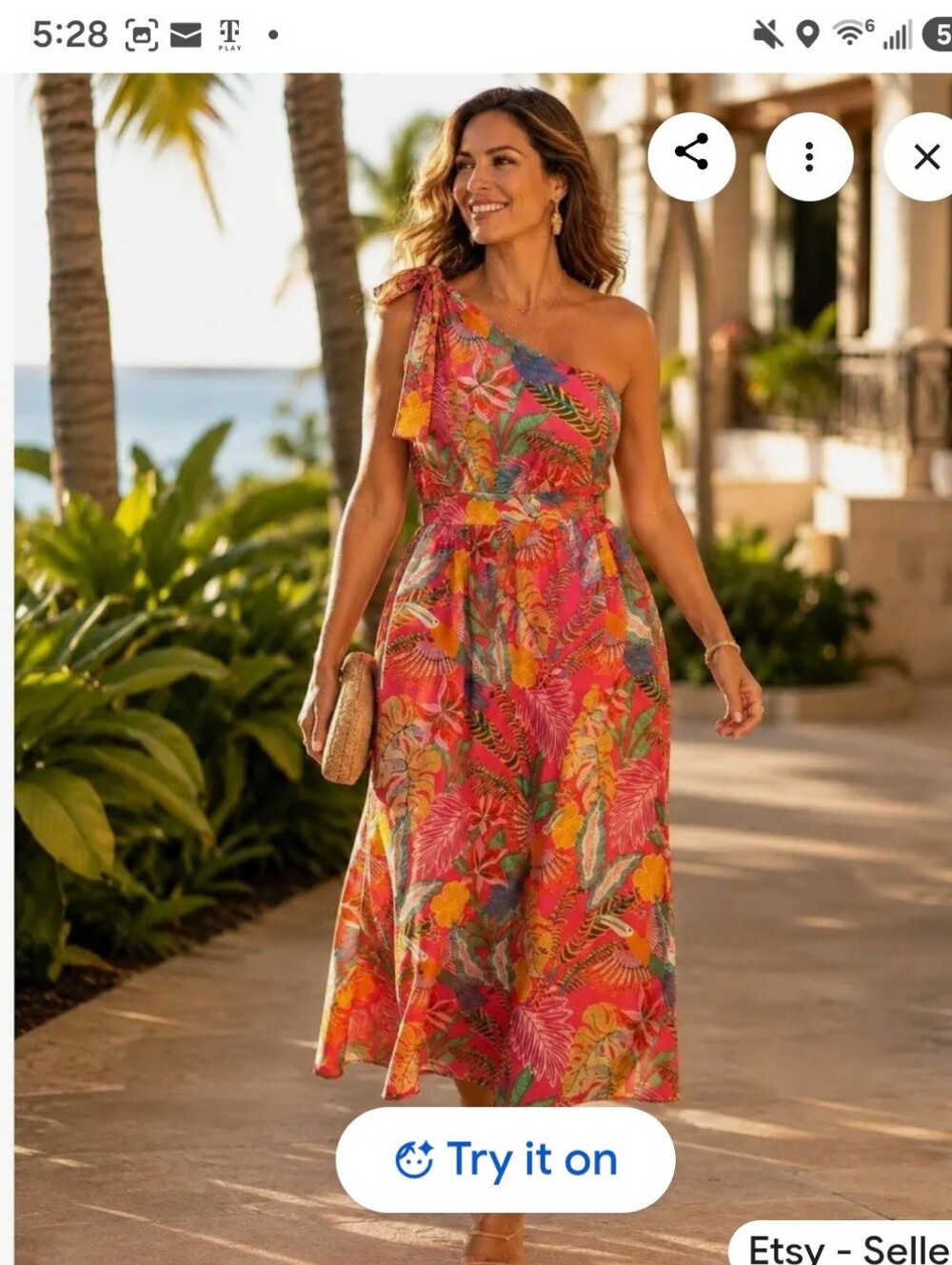 Gibson Latimer One-Shoulder Tropical Print Midi Dress in Pink & Yellow